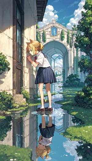 score_9, score_8up, score_7up, score_6up, score_5up,source_anime,cute,kawaii,1girl,solo,blonde hair,french braid,dog ears,school uniform,after rain,puddle,arch rainbow,reflection sky