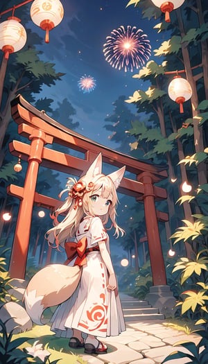 score_9_up, score_8_up, score_7_up,score_6_up,score_5_up,source_anime,masterpiece,best quality,illustration,cute,kawaii,1girl,solo,sliver hair,long hair,fox ears,fox tails,formal miko dress primarily white with golden and red embroidery,The hem of the dress flares out gracefully,perfectly complementing her overall look,looking back,torii,shrine gate,fireworks,(dark forest:1.3),(mid night:1.3),silence