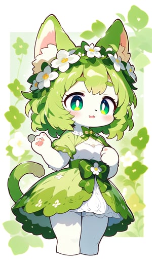 score_9_up, score_8_up, score_7_up,score_6_up,score_5_up,source_anime,masterpiece,best quality,illustration,cute,kawaii,1girl,solo,furry white cat female,white fur, cat tail, messy short green hair, flower crown, green eyes, thick green eyebrows, white and green dress,short sleeves,(royal:1.2),elegance,graceful,small breasts,high waist,light smile,(petite:1.2),source_furry,