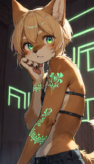 score_9, score_8up, score_7up, score_6up, score_5up,source_anime,source_furry,(furry:1.3),anthro,cute,kawaii,1girl,solo,dog ears,blonde hair,indoors,(dark room:1.3),her body adorned with (glowing neon green ainu tattoos:1.25),The intricateilluminate the shadows around her,high-contrast anime-style,