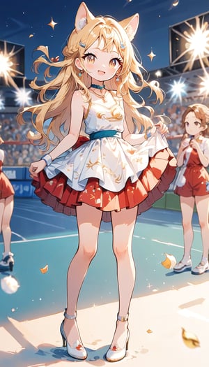 score_9_up, score_8_up, score_7_up,score_6_up,score_5_up,source_anime,masterpiece,best quality,illustration,cute,kawaii,1girl,solo,blonde hair,french_braid,dog ears,gradient brown eyes,At the (Olympic closing ceremony:1.5),Her expression reflects both the sadness of the event’s end and the satisfaction of having given her all. Amidst the applause and cheers from the audience,night,formal dress primarily white with golden embroidery,beautifully shimmering in the light,The hem of the dress flares out gracefully, swaying elegantly with her movements. She wears simple yet elegant heels, perfectly complementing her overall look,the girl wears a beaming smile