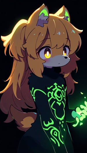 (furry:1.3),anthro,cute,kawaii,1girl,solo,dog ears,blonde hair,gradient brown eyes,indoors,(dark room:1.4),her body adorned with (glowing neon green Ancient magical tattoo,upper body:1.5),high-contrast anime-style,full body,