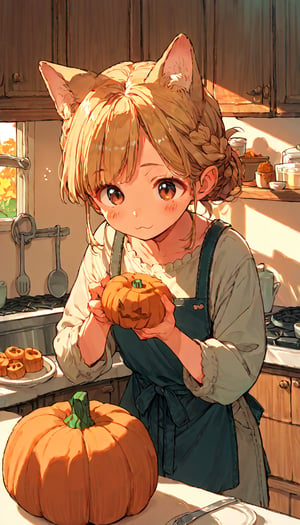 score_9, score_8up, score_7up, score_6up, score_5up,source_anime,cute,kawaii,1girl,solo,blonde hair,dog ears fluff,french braid,brown eyes,making Pumpkin pudding,indoors,kitchen,