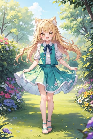 The illustration depicts a furry cute girl, dressed stylishly, in a bright early summer park. She is dressed lightly to match the early summer climate, with a big smile on her face. Around her, fresh green trees and colorful (flowers are in full bloom:1.3) 
BREAK
Her outfit is light to match the early summer climate, consisting of a flared skirt and blouse combination, sandals on her feet, giving refreshing impression. Her hair is long and flowing in the wind, with a small earring shining in her ear.vest
BREAK
1girl,solo,dog ears,french braid,blonde hair,detailed and gradient brown eyes,cute,kawaii,(from above:0.8)