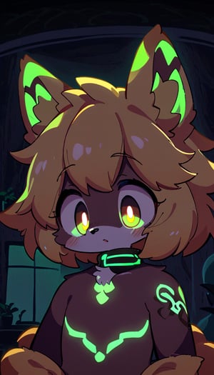 (furry:1.3),anthro,cute,kawaii,1girl,solo,dog ears,blonde hair,gradient brown eyes,indoors,(dark room:1.4),her body adorned with (glowing neon green Ancient magical tattoo,upper body:1.5),high-contrast anime-style,full body,