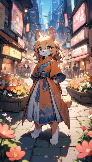1girl,solo,dog ears,french braid,blonde hair,detailed and gradient brown eyes,(knight dress:1.1),(ainu dress:1.1),standing
BREAK
outdoors,spring flower garden,night,(cybercity:1.3),magnificent view
BREAK
masterpiece,best quality,ultra detailed,highres,absurdres,illustration,cute,kawaii,perfect arrangement,(brave:1.3),(furry:1.15),furry