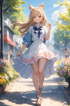 The illustration depicts a high school girl, dressed stylishly, in a bright early summer park. She is dressed lightly to match the early summer climate, with a big smile on her face. Around her, fresh green trees and colorful (flowers are in full bloom:1.3) 
BREAK
Her outfit is light to match the early summer climate, consisting of a flared skirt and blouse combination, sandals on her feet, giving an overall refreshing impression. Her hair is long and flowing in the wind, with a small earring shining in her ear.
BREAK
1girl,solo,dog ears,french braid,blonde hair,detailed and gradient brown eyes,cute,kawaii,