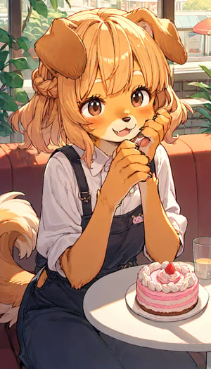 score_9, score_8up, score_7up, score_6up, score_5up,source_anime,source_furry,dog anthro,cute,kawaii,1girl,solo,blonde hair,dog ears fluff,french braid,brown eyes,Mont Blanc cake,cafe,indoors,cozy,downlight,enraptured,happy,