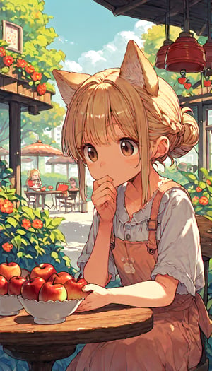 score_9, score_8up, score_7up, score_6up, score_5up,source_anime,cute,kawaii,1girl,solo,blonde hair,dog ears fluff,french braid,brown eyes,Apple pie,outdoors,cafe,cozy,enraptured,daylight,