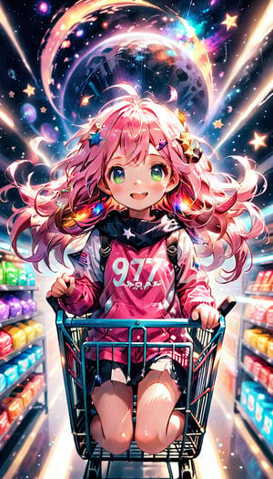 score_9_up, score_8_up, score_7_up,score_6_up,score_5_up,source_anime,masterpiece,best quality,illustration,cute,kawaii,1girl,solo,pink Iridescent hair,wofl girl,long hair,on shopping cart,The girl riding a shopping cart through warp space speeds forward as if cutting through the wind. Her hair dances in the breeze, and her eyes are filled with sparkle. Stars and galaxies spread out around the cart, creating a fantastical scene as if she is racing through the universe. Her smile is full of adventure, evoking a sense of limitless possibilities.,source_furry