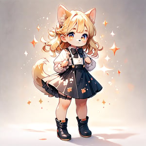 score_9_up, score_8_up, score_7_up,score_6_up,score_5_up,source_anime,source_furry,masterpiece,best quality,illustration,cute,kawaii,watercolor \(medium\),,1girl,solo,1girl,solo,dog ears,blonde hair,french braid,gradient brown eyes,Classic Speakeasy Bartender,fitted black vest over a crisp white blouse with puffed sleeves and a high neckline,full body,high-waisted pencil skirt,lace-up ankle boots,black bow tie, suspenders, and a garter belt with lace detail around the thigh