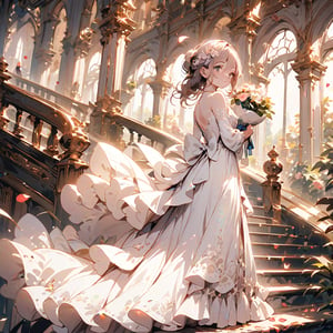 A woman stands at the top of the stairs, wearing a long-train white wedding dress adorned with lace and beads. Her hair is loosely styled in an updo with floral hair accessories. She holds a small bouquet in her hand and looks back with a gentle smile. The background features marble stairs, floral arches, and windows with evening light streaming in. Petals are scattered at her feet. An elegant carriage waits at the bottom of the stairs,furry girl,(long dress:1.5)