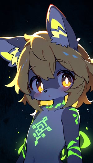 (furry:1.3),anthro,cute,kawaii,1girl,solo,dog ears,blonde hair,gradient brown eyes,indoors,(dark room:1.4),her body adorned with (glowing neon green Ancient magical tattoo,upper body:1.5),high-contrast anime-style,full body,