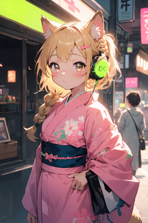 masterpiece,best quality,ultra detailed,highres,absurdres,illustratio,anthro,cute,kawaii,1girl,solo,dog ears,blonde hair,gradient brown eyes,(glowing neon green　headphone:1.0),cool,stylish,french_braid,pink kimono dress,kanzashi,