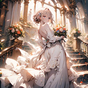 A woman stands at the top of the stairs, wearing a long-train white wedding dress adorned with lace and beads. Her hair is loosely styled in an updo with floral hair accessories. She holds a small bouquet in her hand and looks back with a gentle smile. The background features marble stairs, floral arches, and windows with evening light streaming in. Petals are scattered at her feet. An elegant carriage waits at the bottom of the stairs,furry girl,(long dress:1.5)