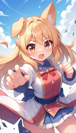 score_9_up, score_8_up, score_7_up,score_6_up,score_5_up,best quality,masterpiece,illustration,cute,kawaii,1girl,solo,dog ears,blonde hair,french braid,gradient brown eyes,japanese Armed,battle stance,battle filed,(>:):1.3),long bow,Archers' equipment