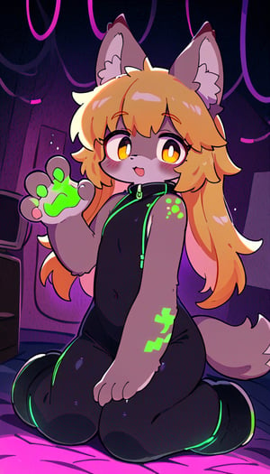 (furry:1.3),anthro,cute,kawaii,1girl,solo,dog ears,blonde hair,gradient brown eyes,her body adorned with (glowing neon green noisy tattoo,on skin:1.5),high-contrast anime-style,full body,see-through,(darkness room:1.3)