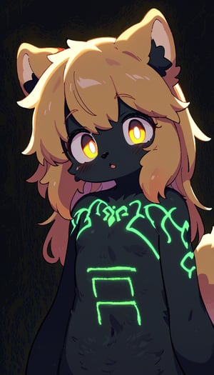 (furry:1.3),anthro,cute,kawaii,1girl,solo,dog ears,blonde hair,gradient brown eyes,indoors,(dark room:1.4),her body adorned with (glowing neon green Ancient magical tattoo,upper body:1.5),high-contrast anime-style,full body,