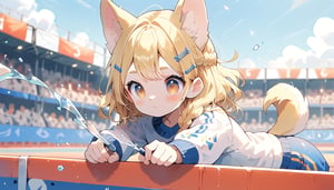 score_9_up, score_8_up, score_7_up,score_6_up,score_5_up,source_anime,masterpiece,best quality,illustration,cute,kawaii,1girl,solo,blonde hair,french_braid,dog ears,gradient brown eyes,On the Olympic stage, a woman is rowing with all her might. Her face shows a serious expression, and you can see the tension in her muscles. Amidst the splashing water, her boat moves forward powerfully, with the audience’s eyes focused on her. Her figure, putting everything into this moment, truly embodies the beauty and tension of sports, score_9_up