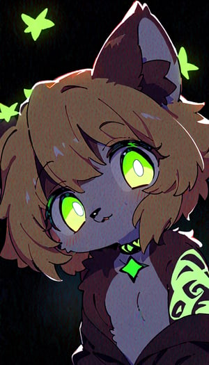 (furry:1.3),anthro,cute,kawaii,1girl,solo,dog ears,blonde hair,gradient brown eyes,indoors,(dark room:1.4),her body adorned with (glowing neon green zentangle heresy tattoos:1.4),(upper face:1.3),high-contrast anime-style,