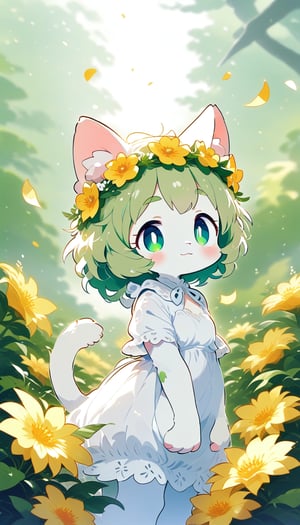 score_9_up, score_8_up, score_7_up,score_6_up,score_5_up,source_anime,masterpiece,best quality,illustration,cute,kawaii,1girl,solo,furry white cat female,white fur, cat tail, messy short green hair, flower crown, green eyes, thick green eyebrows, white and green dress,short sleeves,(royal:1.2),elegance,graceful,small breasts,high waist,light smile,(petite:1.2),source_furry,