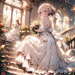 A woman stands at the top of the stairs, wearing a long-train white wedding dress adorned with lace and beads. Her hair is loosely styled in an updo with floral hair accessories. She holds a small bouquet in her hand and looks back with a gentle smile. The background features marble stairs, floral arches, and windows with evening light streaming in. Petals are scattered at her feet. An elegant carriage waits at the bottom of the stairs,furry girl,(long dress:1.5)