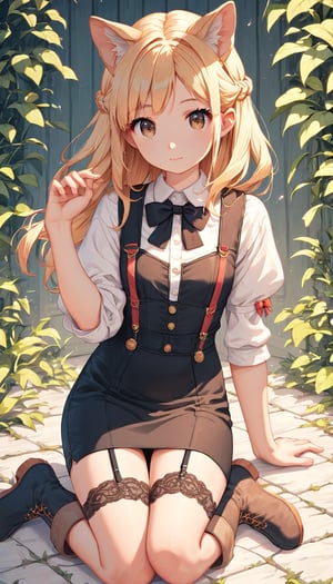 score_9_up, score_8_up, score_7_up,score_6_up,score_5_up,source_anime,masterpiece,best quality,illustration,cute,kawaii,1girl,solo,1girl,solo,dog ears,blonde hair,french braid,gradient brown eyes,Classic Speakeasy Bartender,fitted black vest over a crisp white blouse with puffed sleeves and a high neckline,high-waisted pencil skirt,lace-up ankle boots,black bow tie, suspenders,garter belt with lace detail around the thigh