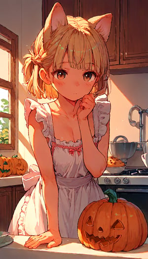 score_9, score_8up, score_7up, score_6up, score_5up,source_anime,cute,1girl,solo,blonde hair,dog ears fluff,french braid,brown eyes,making Pumpkin pudding,indoors,kitchen,frills apron dress,morning,confuse