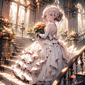 A woman stands at the top of the stairs, wearing a long-train white wedding dress adorned with lace and beads. Her hair is loosely styled in an updo with floral hair accessories. She holds a small bouquet in her hand and looks back with a gentle smile. The background features marble stairs, floral arches, and windows with evening light streaming in. Petals are scattered at her feet. An elegant carriage waits at the bottom of the stairs,furry girl