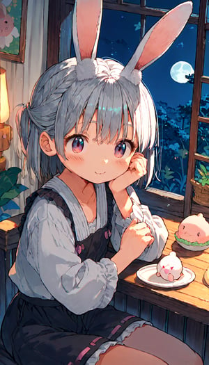 score_9, score_8up, score_7up, score_6up, score_5up,source_anime,cute,kawaii,1girl,solo,silver hair,rabbit ears,(mochi:1.2),indoors,night,sanshoku dango,moon world