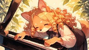 score_9, score_8up, score_7up, score_6up, score_5up,source_anime,cute,kawaii,1girl,solo,blonde hair,dog ears fluff,,brown eyes,(playing piano:1.3),closed eyes,(furry:1.3),(Serious:0.7),curly hair,(pianist:1.3)