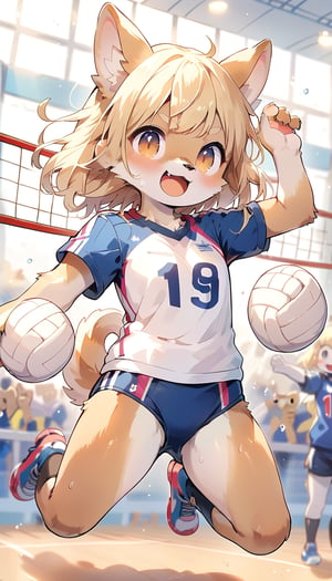  score_9_up, score_8_up, score_7_up,score_6_up,score_5_up,source_anime,masterpiece,best quality,illustration,cute,kawaii,1girl,solo,blonde hair,french_braid,dog ears,gradient brown eyes,On the Olympic stage,a girl playing volleyball. Her sporty posture and focused expression convey a strong determination to win.indoors,volleyball uniform,sweat,serious,(excited:1.1),open mouth,(furry:1.3),(jumping Serve in volleyball:1.4),buruma,(very wide shot:1.3)