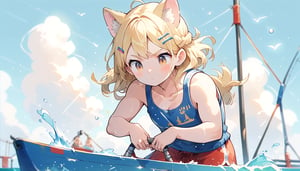 score_9_up, score_8_up, score_7_up,score_6_up,score_5_up,source_anime,masterpiece,best quality,illustration,cute,kawaii,1girl,solo,blonde hair,french_braid,dog ears,gradient brown eyes,On the Olympic stage, a woman is rowing with all her might. Her face shows a serious expression, and you can see the tension in her muscles. Amidst the splashing water, her boat moves forward powerfully, with the audience’s eyes focused on her. Her figure, putting everything into this moment, truly embodies the beauty and tension of sports, score_9_up,(rowing:1.5),(row a boat with oars:1.3)