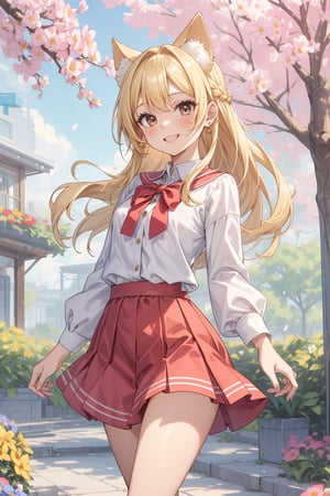 The illustration depicts a high school girl, dressed stylishly, in a bright early summer park. She is dressed lightly to match the early summer climate, with a big smile on her face. Around her, fresh green trees and colorful (flowers are in full bloom:1.3) 
BREAK
Her outfit is light to match the early summer climate, consisting of a flared skirt and blouse combination, sandals on her feet, giving refreshing impression. Her hair is long and flowing in the wind, with a small earring shining in her ear.
BREAK
1girl,solo,dog ears,french braid,blonde hair,detailed and gradient brown eyes,cute,kawaii,