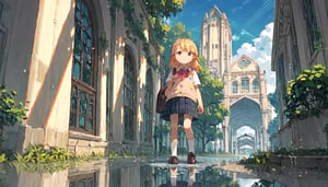 score_9, score_8up, score_7up, score_6up, score_5up,source_anime,cute,kawaii,1girl,solo,blonde hair,french braid,school uniform,after rain,puddle,arch rainbow,reflection sky