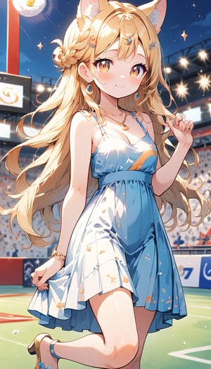 score_9_up, score_8_up, score_7_up,score_6_up,score_5_up,source_anime,masterpiece,best quality,illustration,cute,kawaii,1girl,solo,blonde hair,french_braid,dog ears,gradient brown eyes,At the (Olympic closing ceremony:1.5),Her expression reflects both the sadness of the event’s end and the satisfaction of having given her all. Amidst the applause and cheers from the audience,night,formal dress primarily white with golden embroidery,beautifully shimmering in the light,The hem of the dress flares out gracefully, swaying elegantly with her movements. She wears simple yet elegant heels, perfectly complementing her overall look,the girl wears a beaming smile