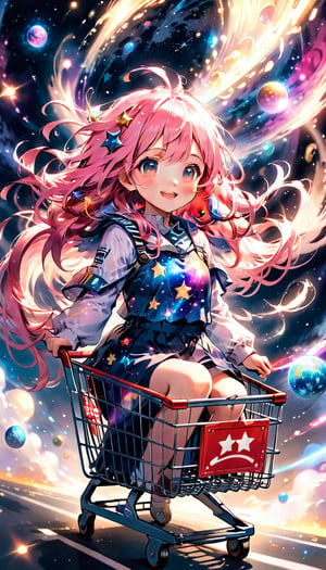 score_9_up, score_8_up, score_7_up,score_6_up,score_5_up,source_anime,masterpiece,best quality,illustration,cute,kawaii,1girl,solo,pink Iridescent hair,wofl girl,long hair,on shopping cart,The girl riding a shopping cart through warp space speeds forward as if cutting through the wind. Her hair dances in the breeze, and her eyes are filled with sparkle. Stars and galaxies spread out around the cart, creating a fantastical scene as if she is racing through the universe. Her smile is full of adventure, evoking a sense of limitless possibilities.