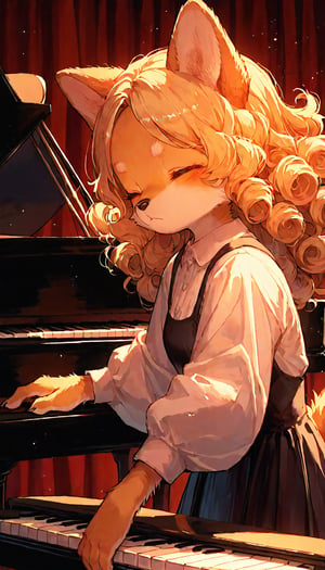 score_9, score_8up, score_7up, score_6up, score_5up,source_anime,cute,kawaii,1girl,solo,blonde hair,dog ears fluff,,brown eyes,(playing piano:1.3),closed eyes,art,Oil painting style,Fine art parody,(furry:1.3),grand piano,(concert pianist:1.3),(Serious:0.7),curly hair