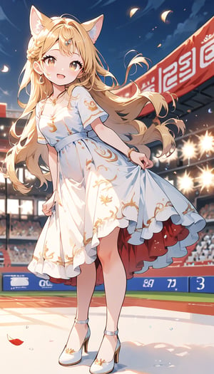 score_9_up, score_8_up, score_7_up,score_6_up,score_5_up,source_anime,masterpiece,best quality,illustration,cute,kawaii,1girl,solo,blonde hair,french_braid,dog ears,gradient brown eyes,At the (Olympic closing ceremony:1.5),Her expression reflects both the sadness of the event’s end and the satisfaction of having given her all. Amidst the applause and cheers from the audience,night,formal dress primarily white with golden embroidery,beautifully shimmering in the light,The hem of the dress flares out gracefully, swaying elegantly with her movements. She wears simple yet elegant heels, perfectly complementing her overall look,the girl wears a beaming smile