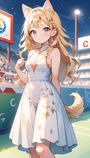 score_9_up, score_8_up, score_7_up,score_6_up,score_5_up,source_anime,masterpiece,best quality,illustration,cute,kawaii,1girl,solo,blonde hair,french_braid,dog ears,gradient brown eyes,At the (Olympic closing ceremony:1.5),Her expression reflects both the sadness of the event’s end and the satisfaction of having given her all. Amidst the applause and cheers from the audience,night,formal dress primarily white with golden embroidery,beautifully shimmering in the light,The hem of the dress flares out gracefully, swaying elegantly with her movements. She wears simple yet elegant heels, perfectly complementing her overall look,the girl wears a beaming smile