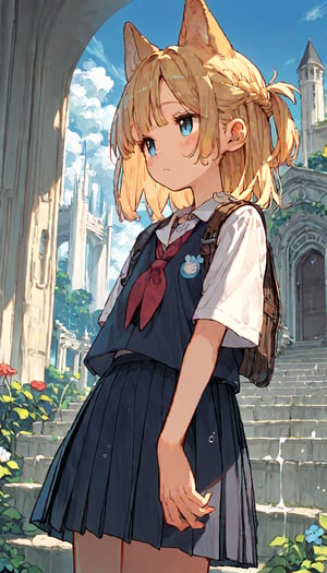 score_9, score_8up, score_7up, score_6up, score_5up,source_anime,cute,kawaii,1girl,solo,blonde hair,french braid,dog ears,school uniform,after rain,arch rainbow,clear blue sky