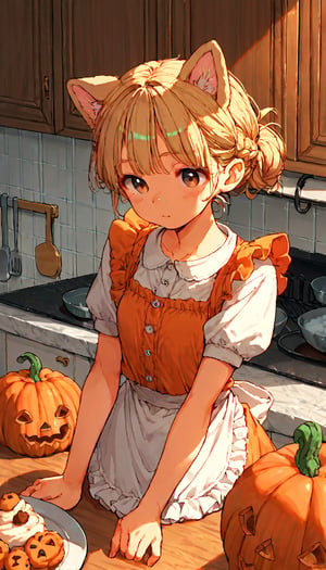 score_9, score_8up, score_7up, score_6up, score_5up,source_anime,cute,1girl,solo,blonde hair,dog ears fluff,french braid,brown eyes,making Pumpkin pudding,indoors,kitchen,frills apron dress,daytime