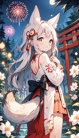 score_9_up, score_8_up, score_7_up,score_6_up,score_5_up,source_anime,masterpiece,best quality,illustration,cute,kawaii,1girl,solo,silver hair,long hair,fox ears,fox tails,formal miko dress primarily white with golden and red embroidery,The hem of the dress flares out gracefully,perfectly complementing her overall look,looking back,torii,shrine gate,fireworks,(dark forest:1.3),(mid night:1.3),silence