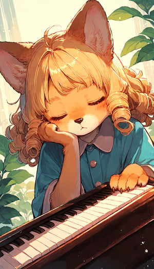 score_9, score_8up, score_7up, score_6up, score_5up,source_anime,cute,kawaii,1girl,solo,blonde hair,dog ears fluff,,brown eyes,closed eyes,(furry:1.3),(Serious:0.7),curly hair,(pianist:1.3)