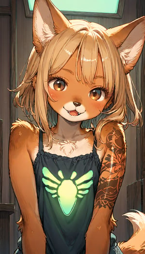 score_9, score_8up, score_7up, score_6up, score_5up,source_anime,source_furry,(furry:1.3),anthro,cute,kawaii,1girl,solo,dog ears,blonde hair,gradient brown eyes,indoors,(dark room:1.4),her body adorned with (glowing neon green zentangle tattoos:1.4),The intricateilluminate the shadows around her,(upper face:1.3),high-contrast anime-style,