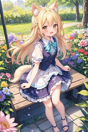The illustration depicts a high school girl, dressed stylishly, in a bright early summer park. She is dressed lightly to match the early summer climate, with a big smile on her face. Around her, fresh green trees and colorful (flowers are in full bloom:1.3) 
BREAK
Her outfit is light to match the early summer climate, consisting of a flared skirt and blouse combination, sandals on her feet, giving refreshing impression. Her hair is long and flowing in the wind, with a small earring shining in her ear.vest
BREAK
1girl,solo,dog ears,french braid,blonde hair,detailed and gradient brown eyes,cute,kawaii,(from above:0.8)