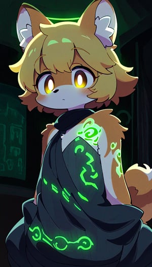 (furry:1.3),anthro,cute,kawaii,1girl,solo,dog ears,blonde hair,gradient brown eyes,indoors,(dark room:1.4),her body adorned with (glowing neon green Ancient magical tattoo,upper body:1.5),high-contrast anime-style,full body,