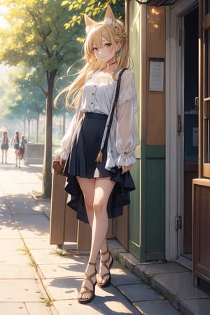 The illustration depicts a high school girl, dressed stylishly, waiting for her boyfriend in a bright early summer park. She is dressed lightly to match the early summer climate, with a big smile on her face. Around her, fresh green trees and colorful flowers are in full bloom. Her eyes are fixed on the entrance of the park, waiting for her boyfriend to arrive. 
BREAK
Her outfit is light to match the early summer climate, consisting of a flared skirt and blouse combination, sandals on her feet, giving an overall refreshing impression. Her hair is long and flowing in the wind, with a small earring shining in her ear.
BREAK
1girl,solo,dog ears,french braid,blonde hair,detailed and gradient brown eyes