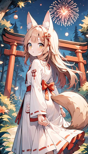 score_9_up, score_8_up, score_7_up,score_6_up,score_5_up,source_anime,masterpiece,best quality,illustration,cute,kawaii,1girl,solo,sliver hair,long hair,fox ears,fox tails,formal miko dress primarily white with golden and red embroidery,The hem of the dress flares out gracefully,perfectly complementing her overall look,looking back,torii,shrine gate,fireworks,(dark forest:1.3),(mid night:1.3),silence