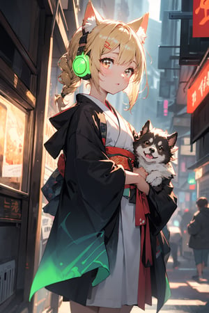 masterpiece,best quality,ultra detailed,highres,absurdres,illustratio,anthro,cute,kawaii,1girl,solo,dog ears,blonde hair,gradient brown eyes,(glowing neon green　headphone:1.0),cool,stylish,french_braid,kimono dress,hair ornament,poster